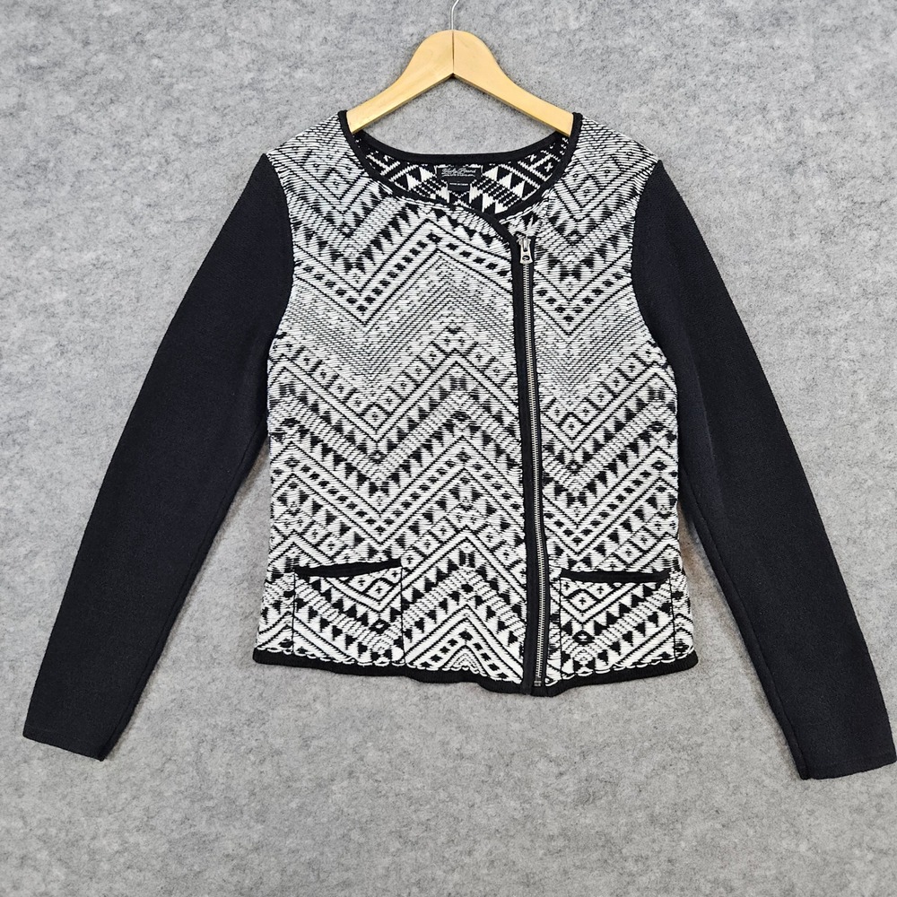 Lucky Brand Aztec Print Sweater Black & White Size L Women's Asymmetrical Zipper